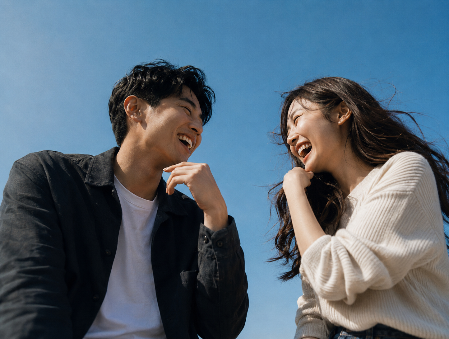 Two people laughing together under a blue sky